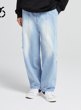 WCC 水洗破洞浅蓝色牛仔裤 中腰青年潮流流行裤长裤 简约 宽松