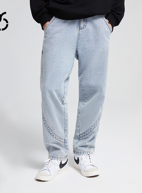 WCC 水洗浅蓝弧形分割牛仔裤 潮流 宽松 休闲裤简约 直筒 浅蓝色