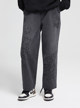 WCC 垂感烟灰色做旧 涂鸦笑脸水洗直筒牛仔裤 潮流宽松休闲长裤