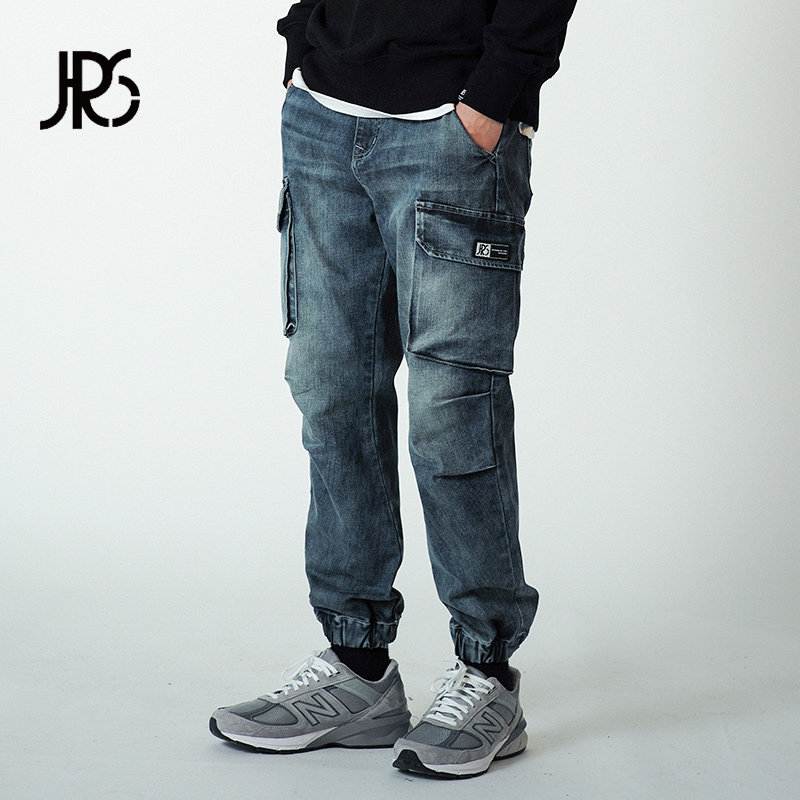 jrs 多口袋牛仔色束脚裤 夏季新休闲水洗做旧男潮流拼接嘻哈长裤