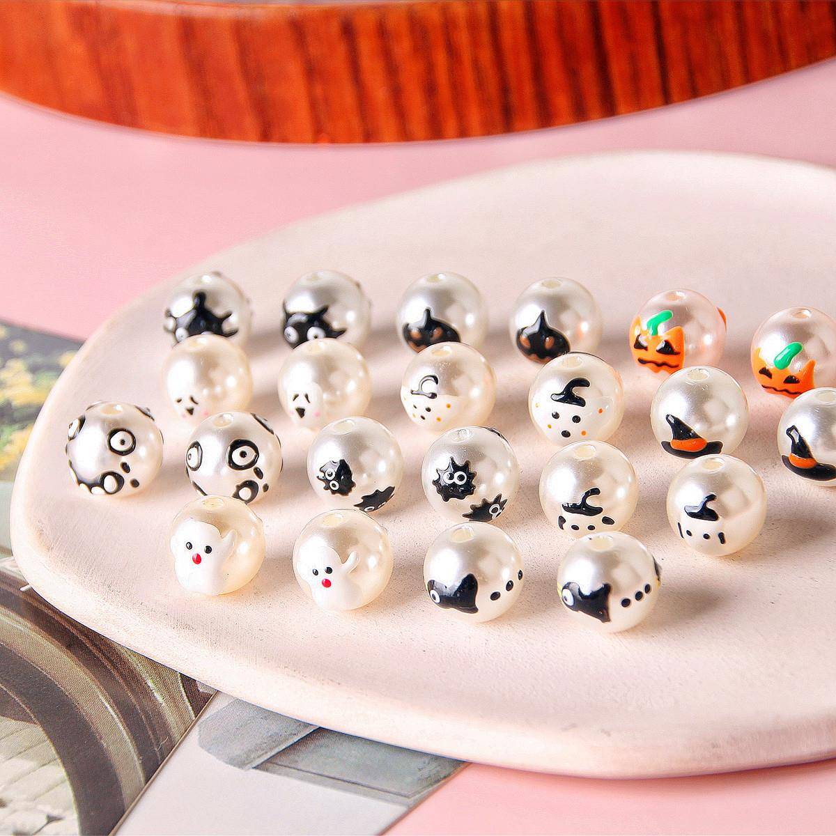 万圣节幽灵可爱仿珍珠滴油圆形彩色小黑串珠耳环耳饰材料配件