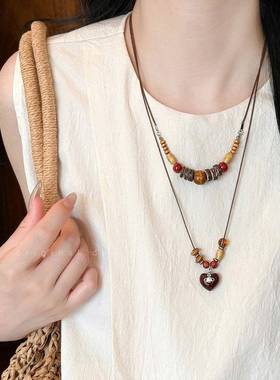 复古木质串珠吊坠项链女小众设计感民族风配饰时尚长款百搭毛衣链
