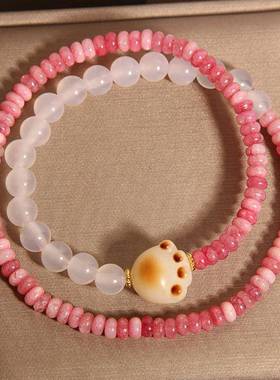 天然粉玉算盘珠白玛瑙双圈手链女款轻奢小众精致叠戴猫爪手串手环