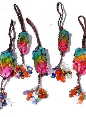 玉石七彩六角柱瑜伽石车挂流苏吊坠彩虹柱天然水晶挂饰外贸亚马逊