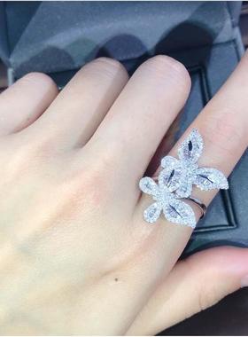 禾呈wish热卖欧美新款全钻两只蝴蝶镀白金女士戒指。精致闪耀