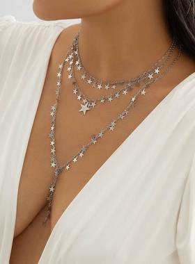 欧美跨境饰品时尚多层Y型金属项饰几何简约星星流苏小众项链女