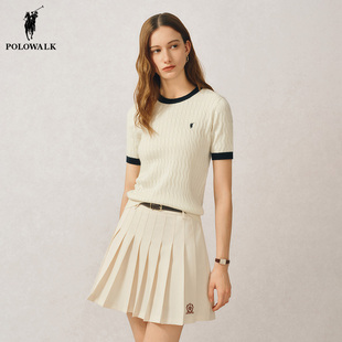 POLOWALK短袖针织衫女2025夏季新款保罗修身显瘦时尚拼色半袖上衣