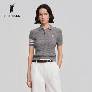 POLOWALK翻领短袖针织衫女2026夏季新款保罗女装通勤显瘦绞花半袖