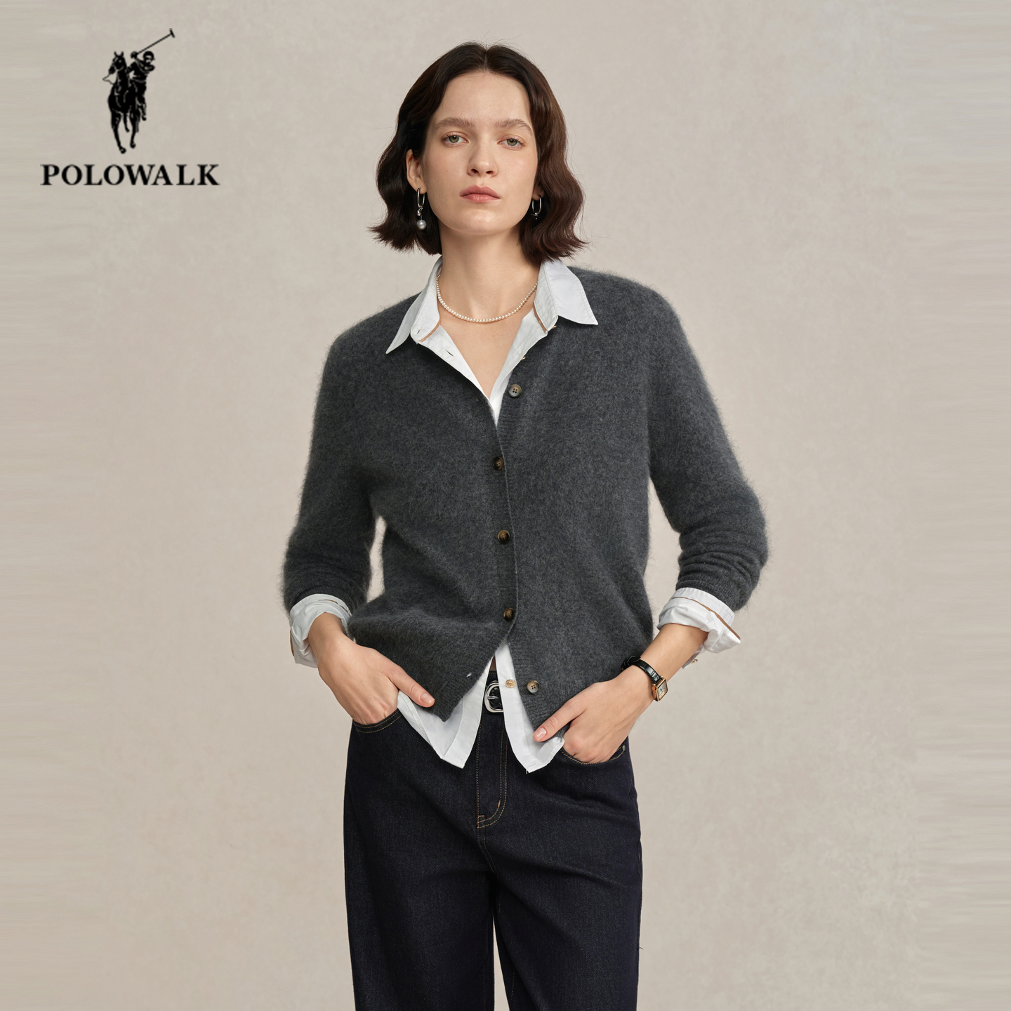 POLOWALK冬季新品圆领羊毛开衫女