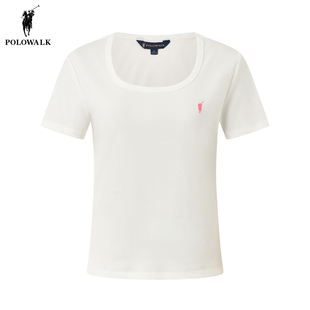 POLOWALK白色短袖T恤女2026夏季新款保罗女装修身显瘦方圆领上衣