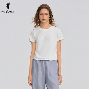POLOWALK白色短袖T恤女26夏季新款保罗女装修身显瘦罗纹圆领上衣