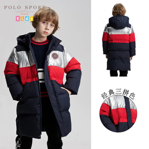 polosport品牌儿童男童羽绒服中长款2023新款洋气拼色加厚外套