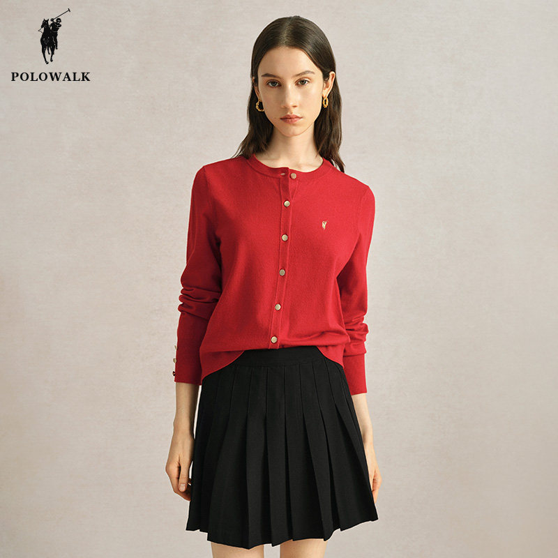 POLOWALK红色针织开衫女2024秋季新款气质修身简约通勤风毛衣外套,女装/女士精品,毛针织衫,淘宝优惠券,粉丝福利购,淘宝优惠卷