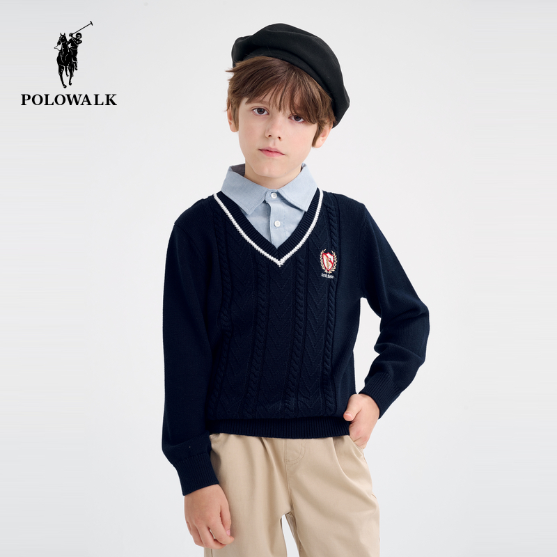 POLOWALK男童学院风假两件毛衣