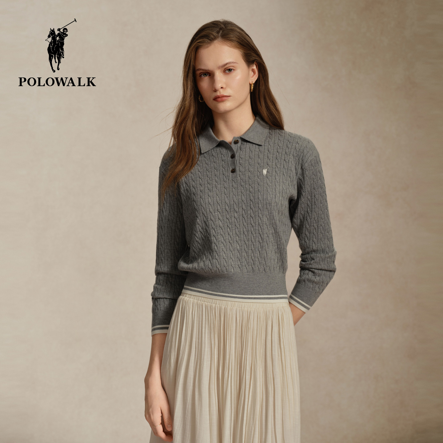 POLOWALK秋季新品绞花翻领针织衫