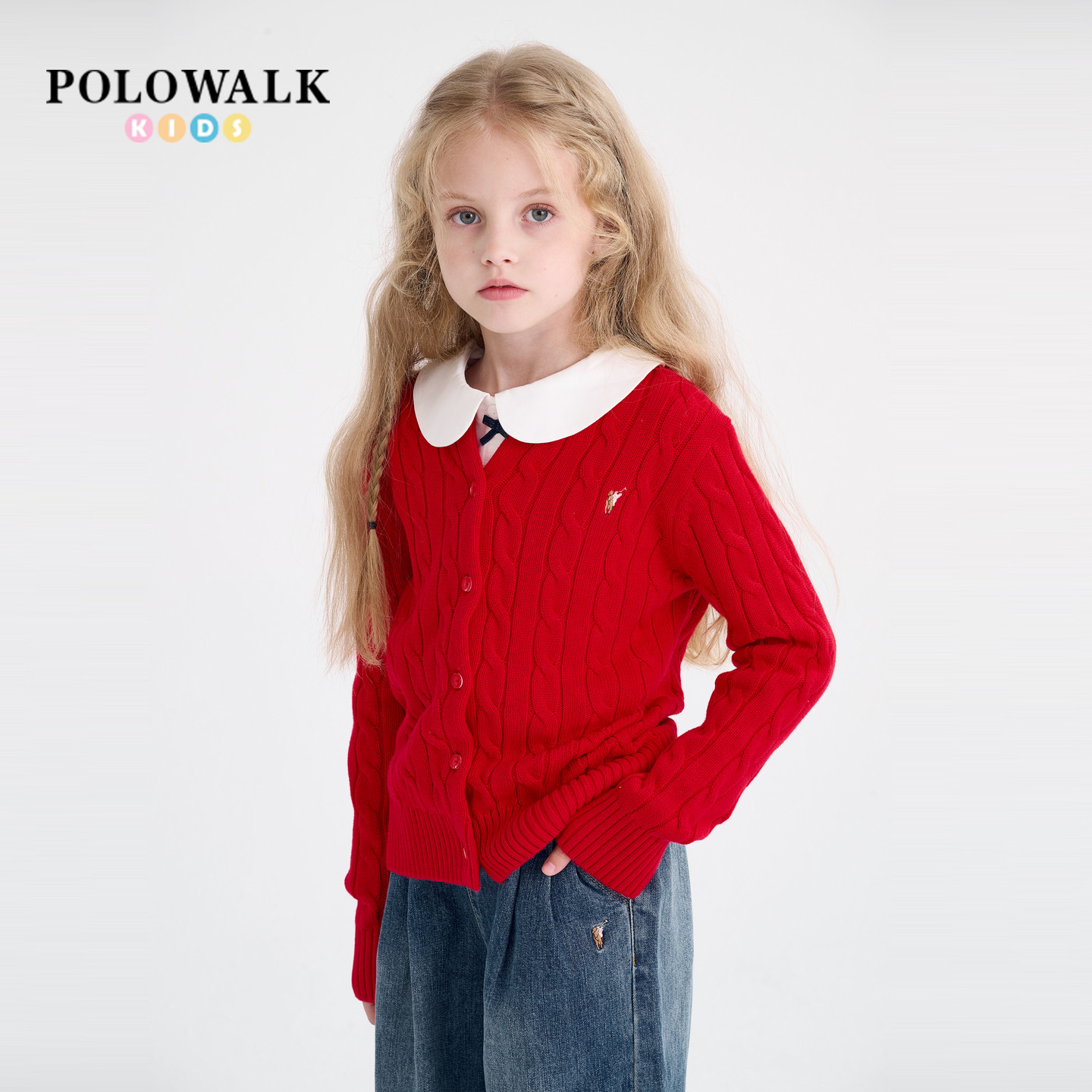 POLOWALK童装女童红毛衣25秋季新款保罗儿童百搭圆领针织开衫外套