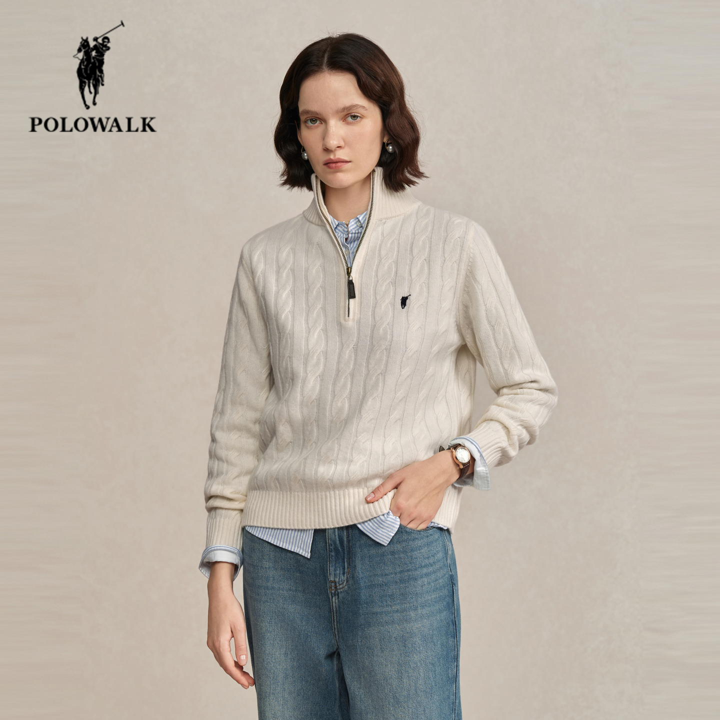 POLOWALK冬季新品立领绞花羊毛衫