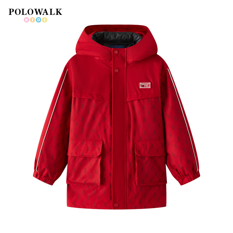 POLOWALK童装2024冬季新款男童可拆卸连帽夹克儿童红色羽绒外套潮