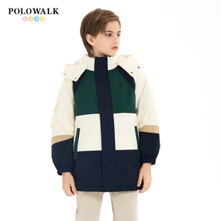 POLOWALK童装2024冬季新款男童时髦撞色羽绒服可脱帽长袖保暖外套