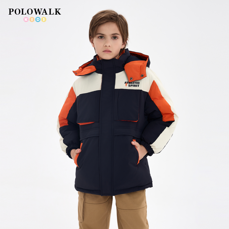 POLOWALK男童撞色可脱卸帽羽绒服