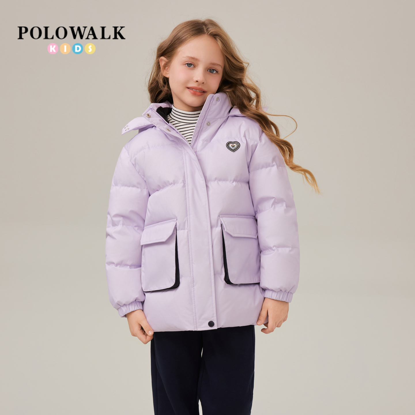 POLOWALK女童立领连帽90绒羽绒服