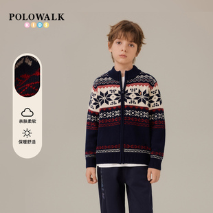 POLOWALK童装男童针织开衫2025秋季新款保罗儿童时尚立领提花毛衣