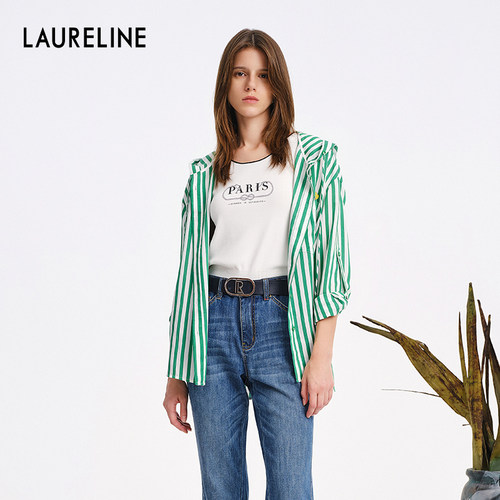 LAURELINE/洛瑞琳年夏季新款百搭简约绿色上衣通勤气质衬衫女