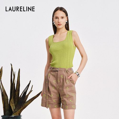 LAURELINE/洛瑞琳年夏季新款百搭简约绿色针织背心休闲毛衣女