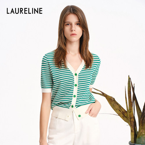 LAURELINE/洛瑞琳绿色针织短衫年夏季新款百搭简约外套开衫女