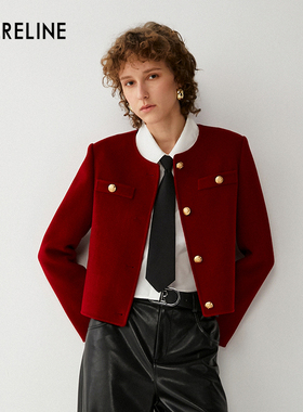 LAURELINE/洛瑞琳年秋季新款红色小香风外套女毛呢短上衣