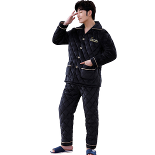 睡衣男士冬季加厚三层夹棉加绒珊瑚绒法兰绒套装保暖秋冬天家居服