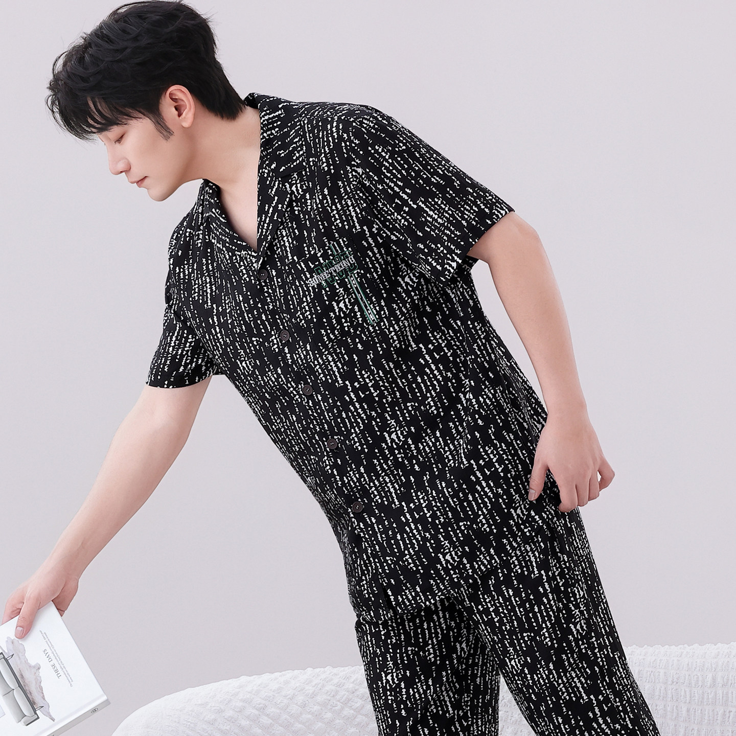 男士夏季莱赛尔2026新款睡衣短袖长裤男款薄款可外穿家居服套装