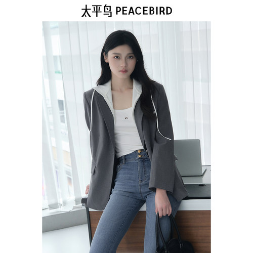 太平鸟女装秋季假两件拼接宽松都市休闲西装A1BAE3385