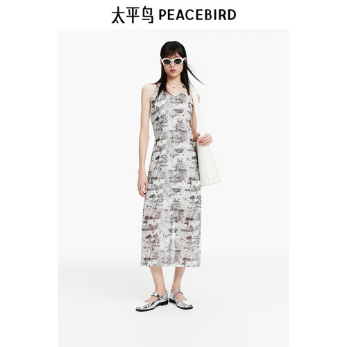 太平鸟女装夏季网纱满印连衣裙H型裙无袖裙A3FAE2607