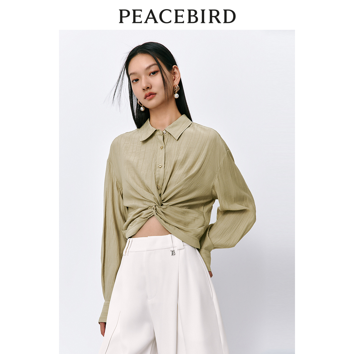 太平鸟 2024年夏季新款扭结气质衬衫女士修身高腰肌理感上衣