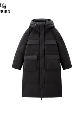 太平鸟女装时尚简约休闲工装口袋长款御寒面包羽绒服A3ACE4589