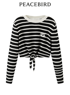 太平鸟女装夏季收腰圆领学院风条纹镂空线套衫A1EED2C74