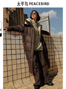太平鸟冬连帽长款羽绒服撞色面包服A3ACE4423