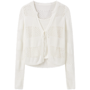 【清仓】太平鸟米白色两件套针织开衫春装镂空空调衫外搭