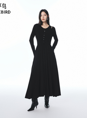 【商场同款】太平鸟95%莱赛尔长袖针织连衣裙黑色长裙A1FAF3267