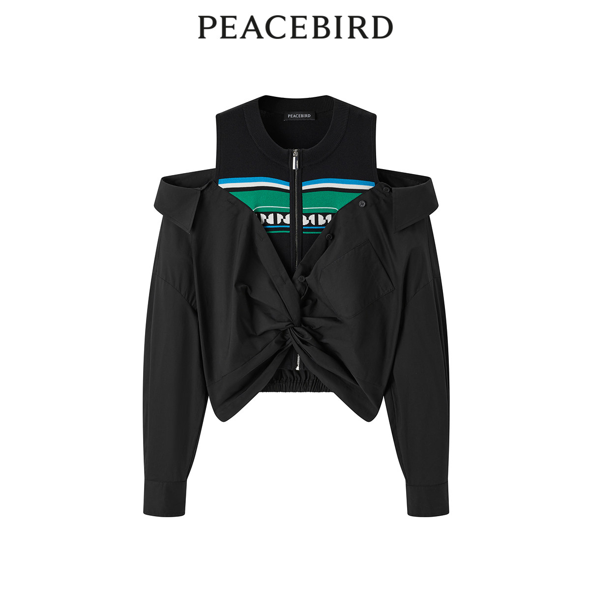 太平鸟女装春季拼接露肩上衣都市休闲棉衬衫A3CDE1417,女装/女士精品,衬衫,淘宝优惠券,粉丝福利购,淘宝优惠卷