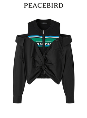 太平鸟女装春季拼接露肩上衣都市休闲棉衬衫A3CDE1417