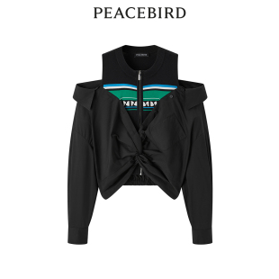 A3CDE1417 拼接露肩上衣都市休闲棉衬衫 太平鸟女装 春季