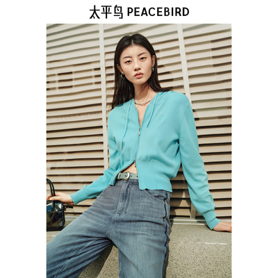 太平鸟女装 2025新款松石绿连帽双开拉链显瘦开衫外套A1EDF1311
