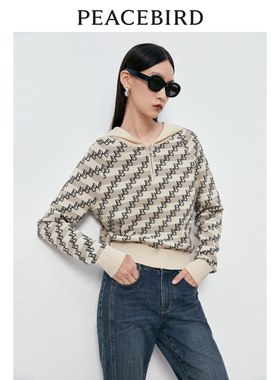 太平鸟女装冬季老花连帽织衫毛衣外套女A1EED4249