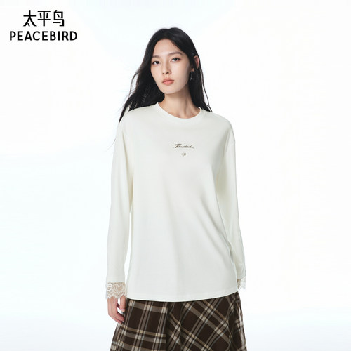 太平鸟女装秋季双面绒透气蕾丝长袖T恤A3CPF3279