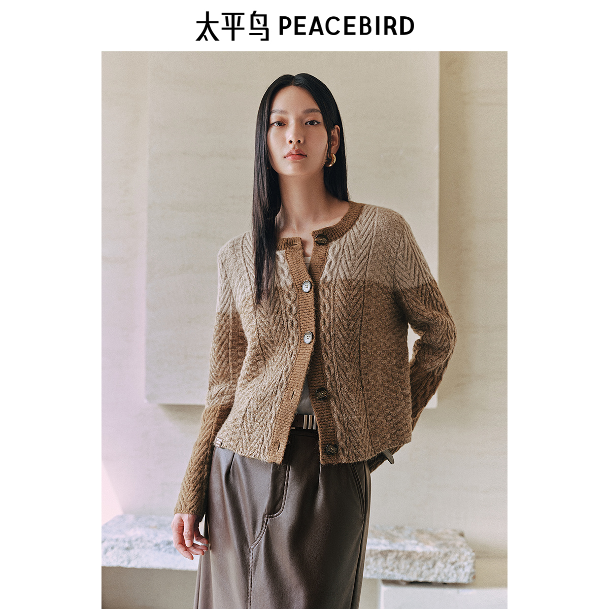 太平鸟含羊毛绞花毛衣外套女2024冬装新款美拉德针织开衫女品质