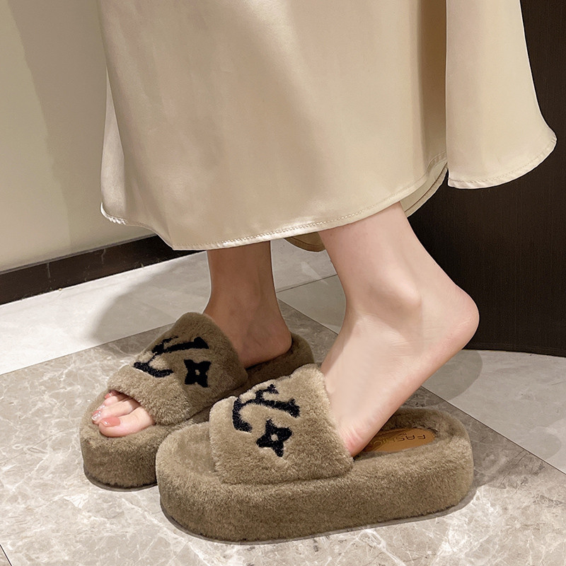 网红同款毛毛拖鞋女棉拖刺绣秋冬