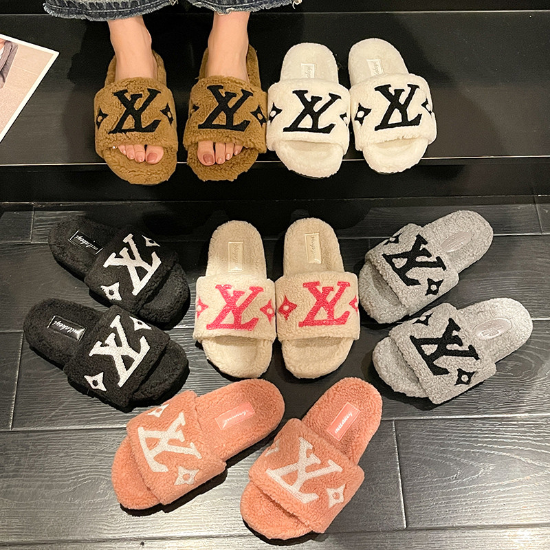 毛毛拖鞋女士家居鞋LY字母毛巾绣