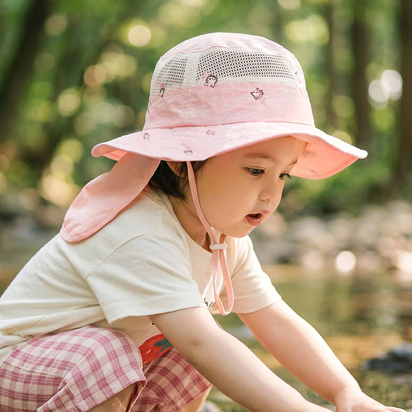 儿童防晒帽女童帽子夏季透气宝宝遮阳帽刺绣猫咪男童渔夫帽披肩帽